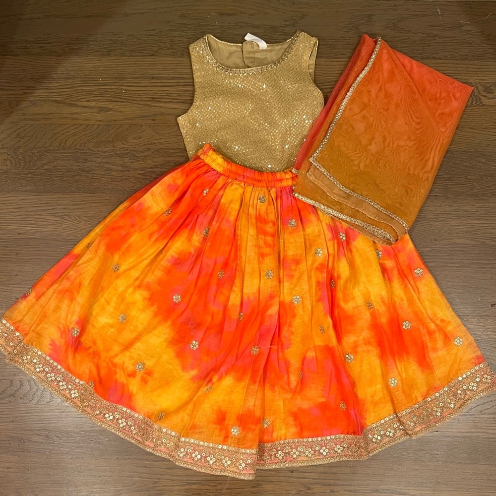 Gold and Orange Traditional Toddler lengha Dress Set
